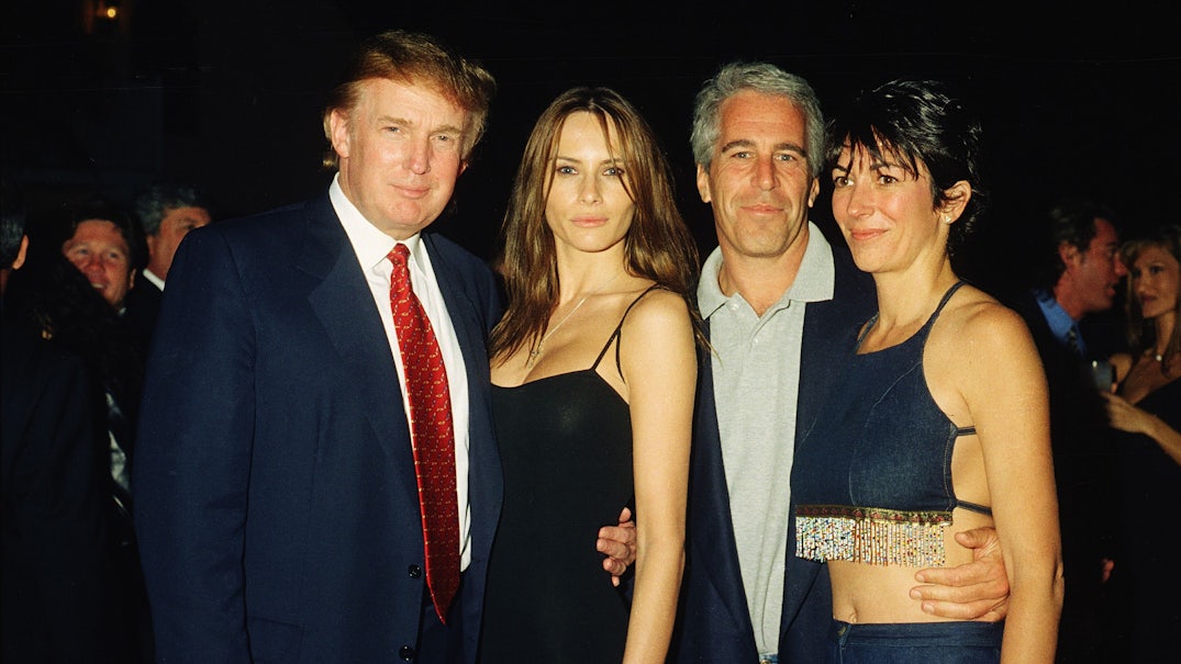 Donald Trump and Melania Trump posing with Jeffrey Epstein and Ghislaine Maxwell at a social event